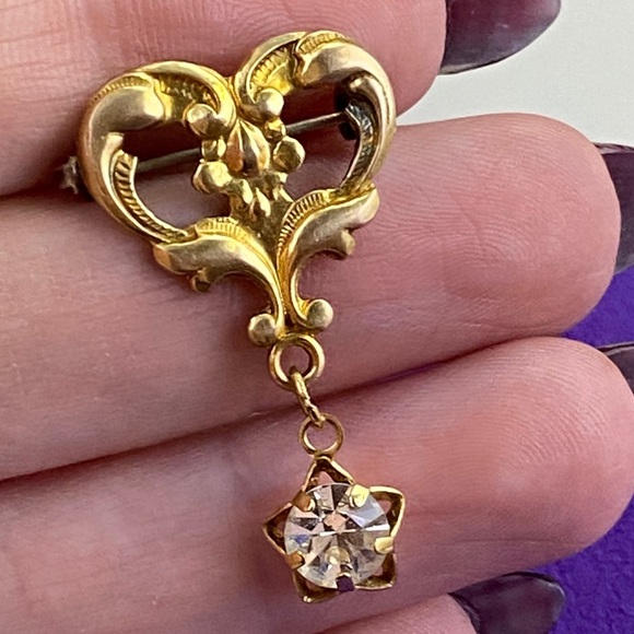 💛 Vintage Gold Filled Heart Brooch with CZ Star Pendant - Picture 5 of 5